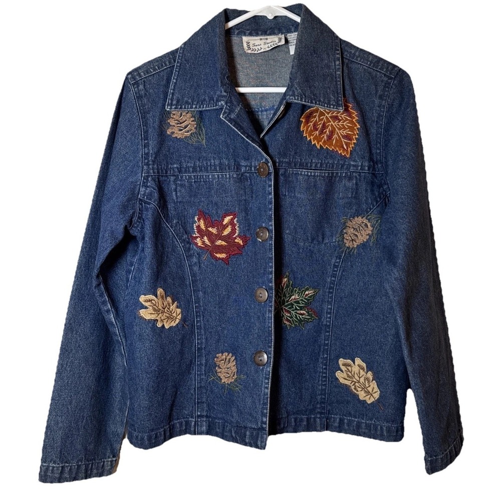Vintage Sara Studio Denim Jacket Women's Medium Embroidered Leaves Fall